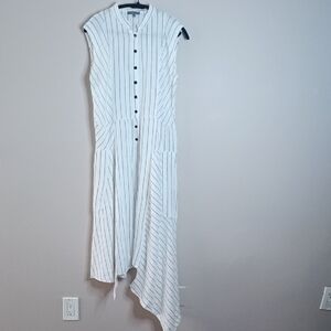 Italian Linen Asymmetric Striped White Sleeveless Maxi Shirt Dress Size S-M
